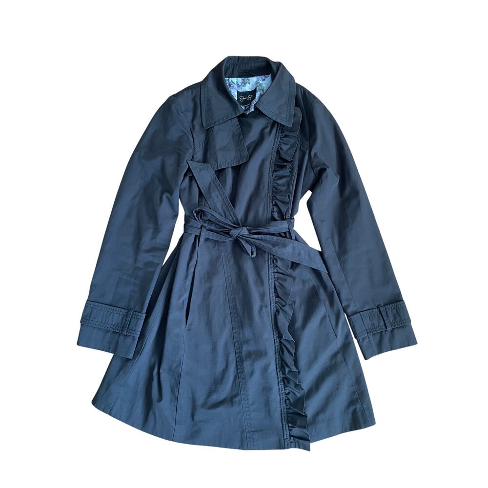 Jessica Simpson Ruffle Front Trench Coat Black #0336